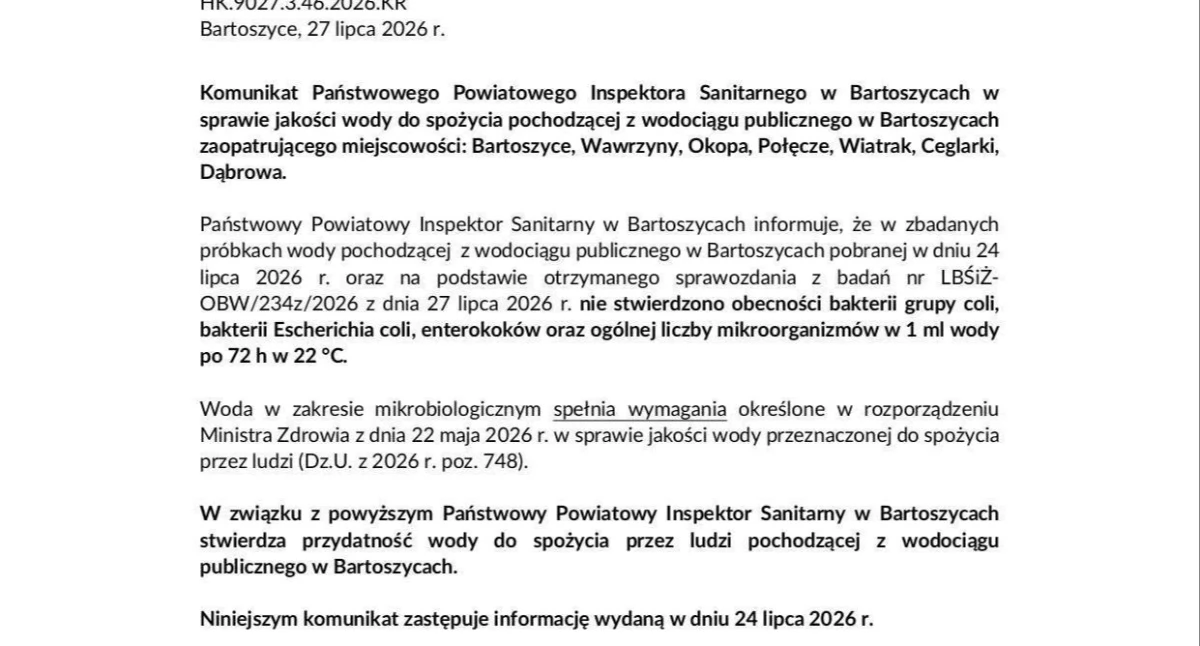 Zdrowie, Bartoszycach znów zdatna picia Sanepid odwołał ograniczenia - zdjęcie, fotografia